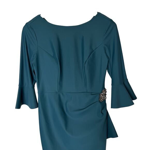 Alex Evenings Scuba Compression 3/4 Sleeve Ruffle Sheath Dress Teal size 2 - Picture 3 of 7